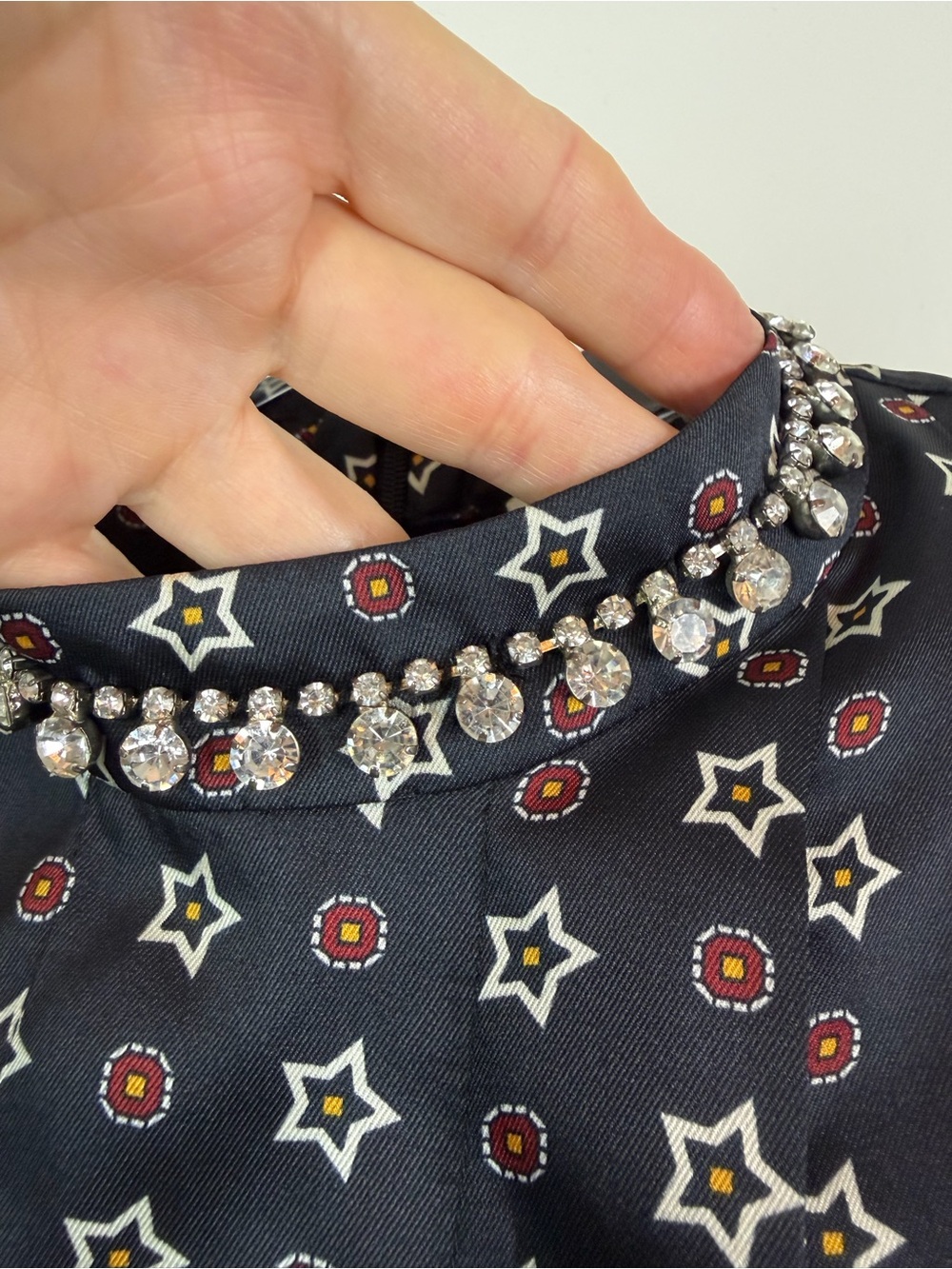 Sandro Short Star-Print Satin Dress with Rhinestone Neckline Size 36 US 4 - Picture 7 of 16